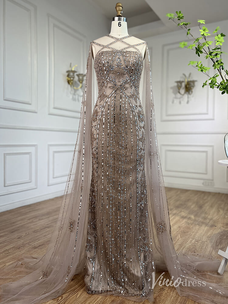 Beaded Mermaid Evening Dresses Extra Long Sleeve Pageant Dress AD1127-Evening Dresses 2025 -Viniodress-Khaki-US 2-