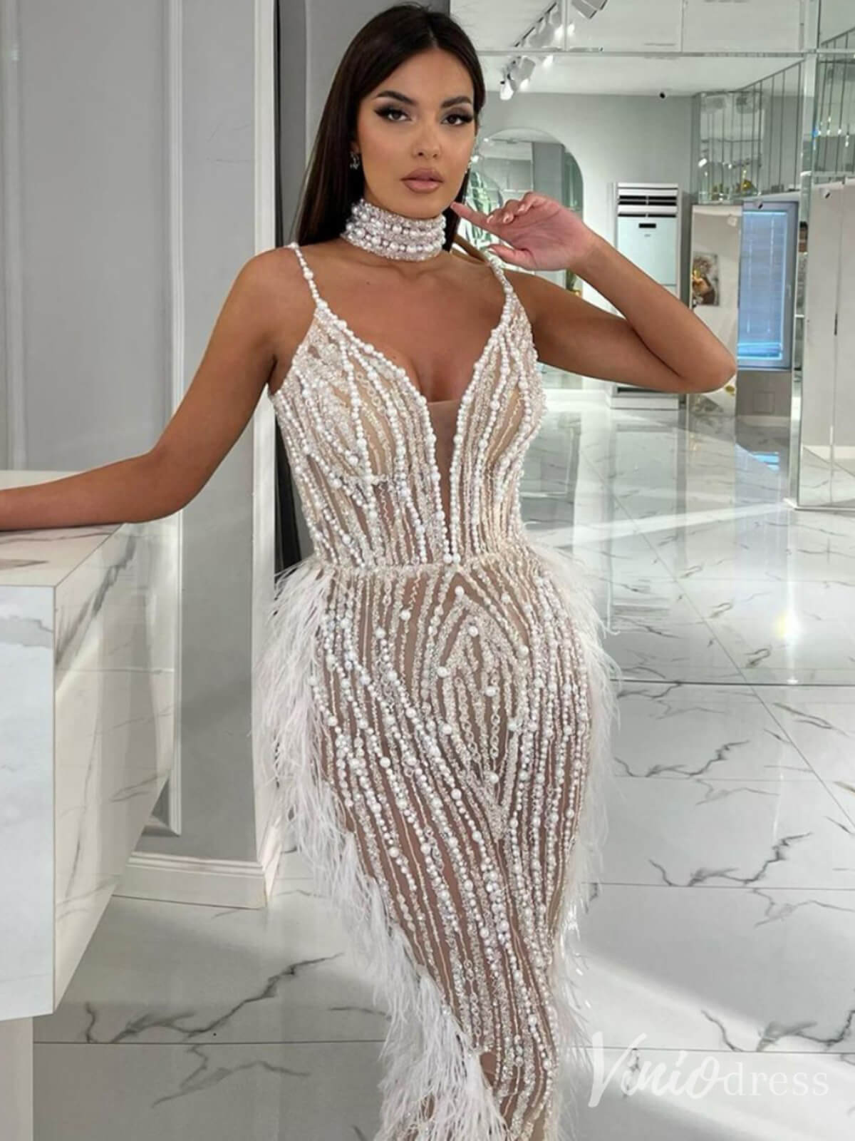 Beaded Mermaid Feather Prom Dresses 1920s Evening Dress Spaghetti Strap 20067-Evening Dresses 2025 -Viniodress-As Picture-US 2-