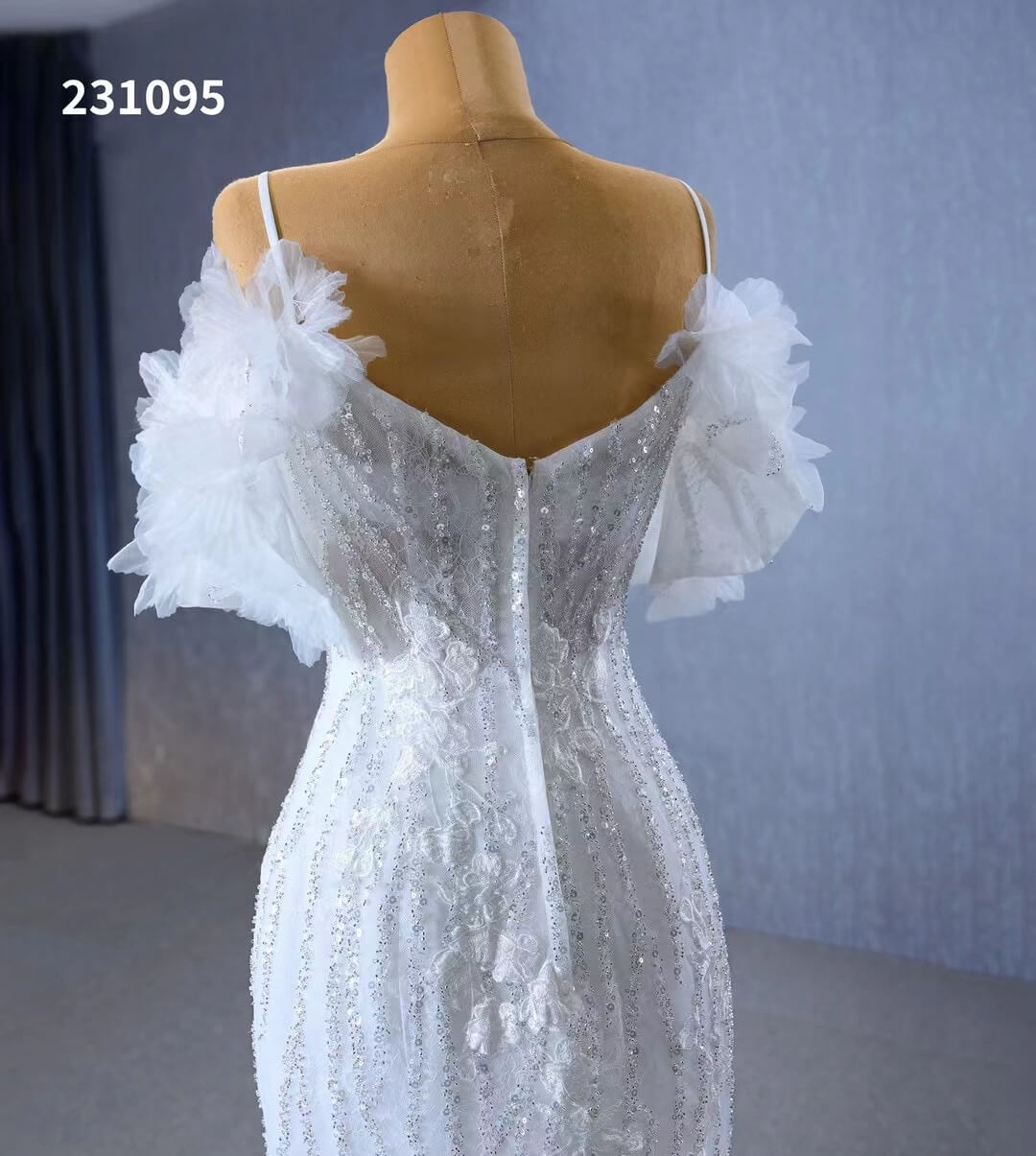 Beaded Mermaid Ruffle Wedding Dresses Spaghetti Strap Wedding Gown 231095-wedding dresses 2025 -Viniodress-Ivory-Custom Size-