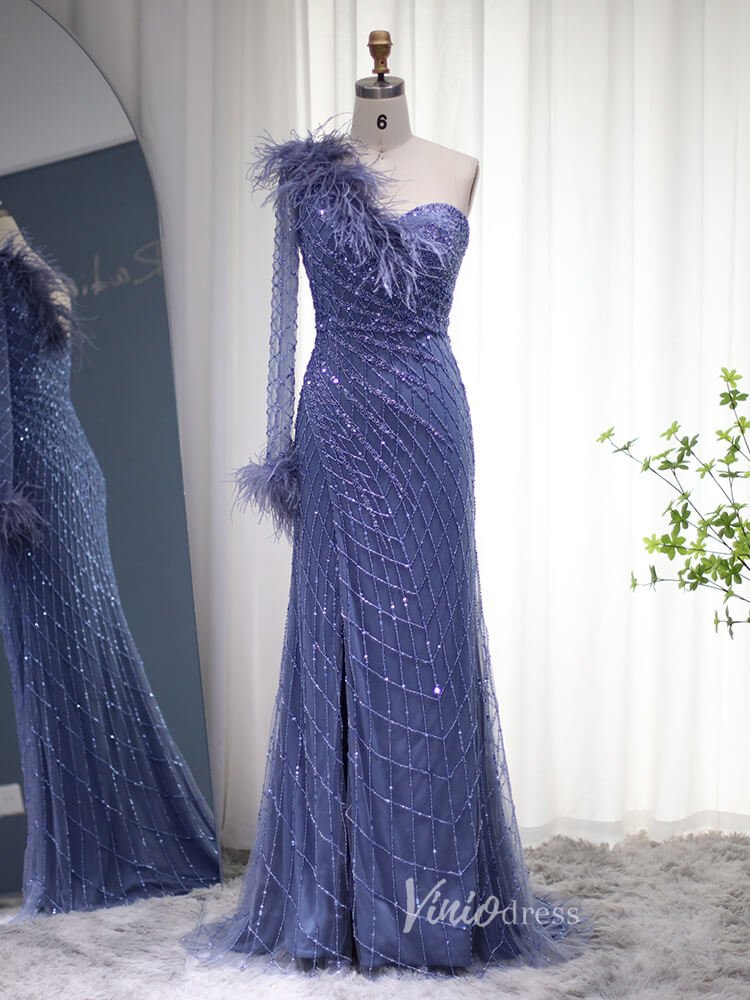 Beaded Navy Blue Prom Dresses One Shoulder Feather Long Sleeve Evening Viniodress Beaded Navy Blue Prom Dresses One Shoulder Feather Long Sleeve Evening Viniodress