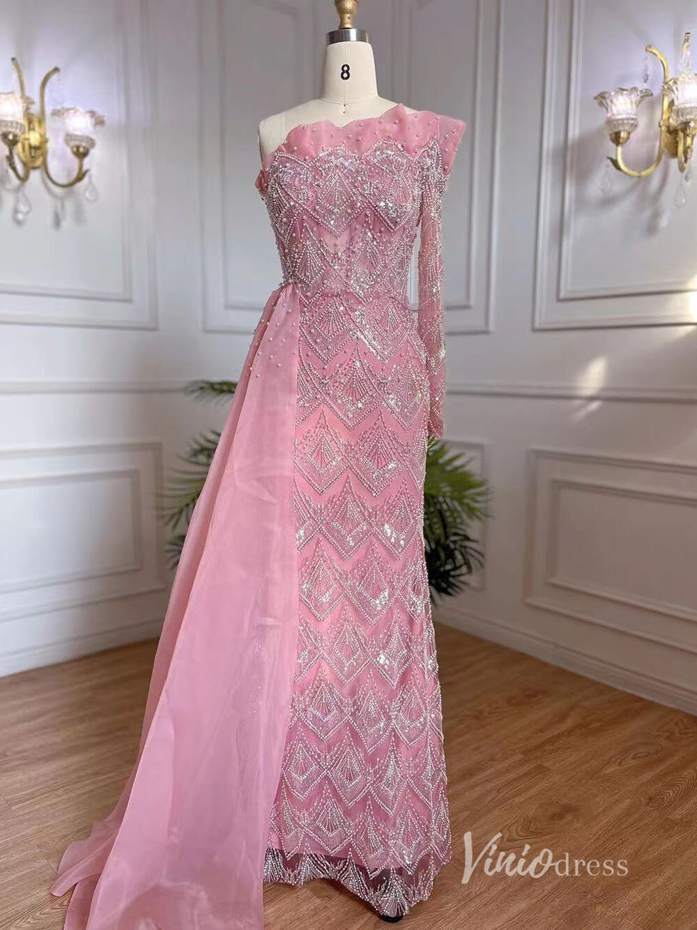 Beaded One Shoulder Evening Dresses with Overskirt Mother of the Bride Dresses AD1129-Evening Dresses 2025 -Viniodress-Pink-US 2-