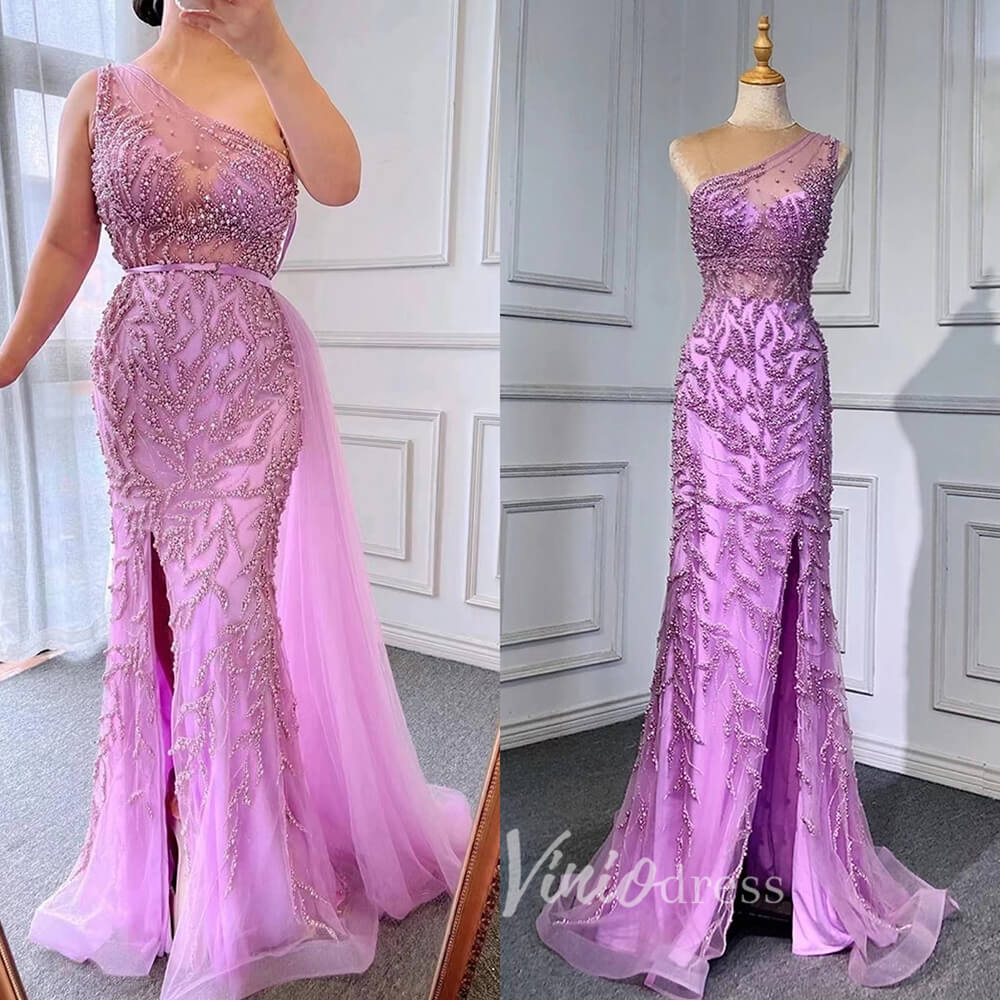 Beaded One Shoulder Prom Dresses with Slit Sheath Evening Gowns 20016-Evening Dresses 2025 -Viniodress-Pink-US 2-