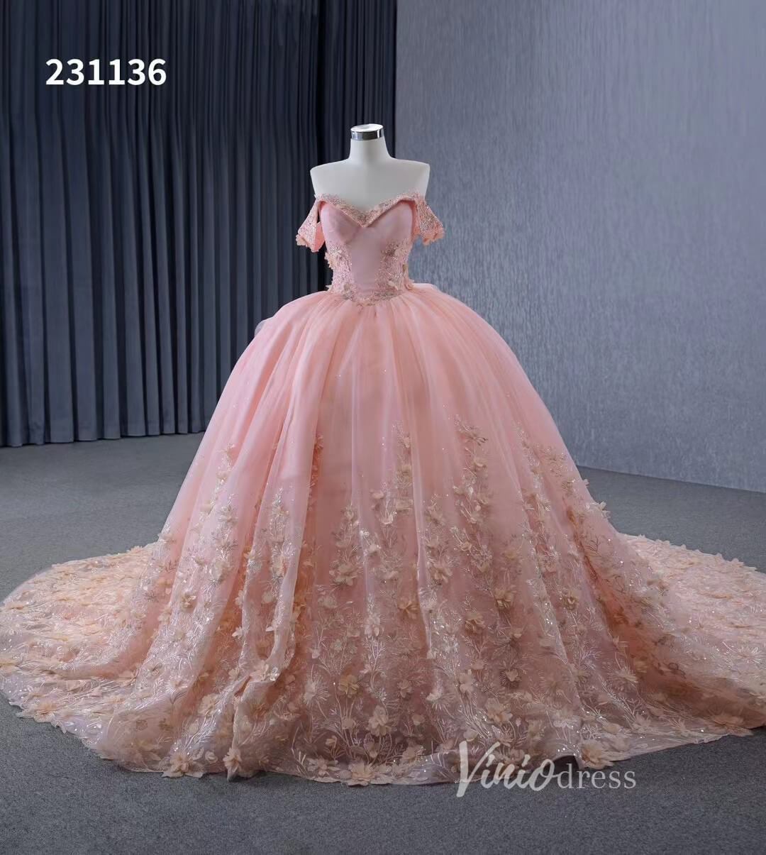 Beaded Pink Floral Ball Gown Wedding Dress,Quinceanera Sweet 16 Dresse –  Viniodress