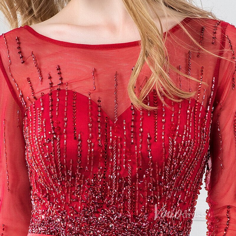 Beaded Red Feather A-line Prom Dresses Long Sleeve Evening Dress FD2809-Evening Dresses 2025 -Viniodress-Red-US 2-