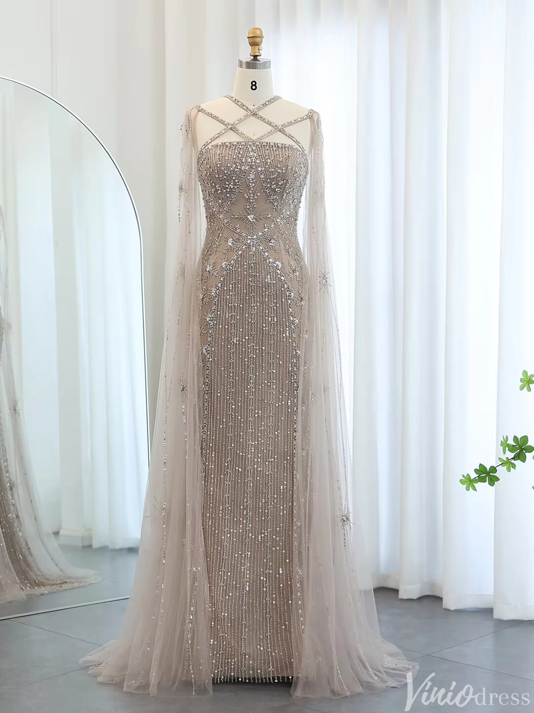 Beaded Sheath Wedding Guest Evening Dresses Extra Long Sleeve Pageant Dress AD1149-Evening Dresses 2025 -Viniodress-Nude-US 2-
