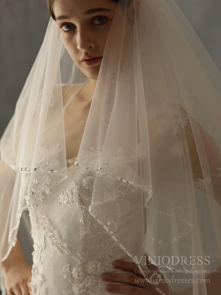 Beaded Short Blusher Veil Elegant Bridal Veils AC1244-Bridal Veil 2025 -Viniodress-Ivory-