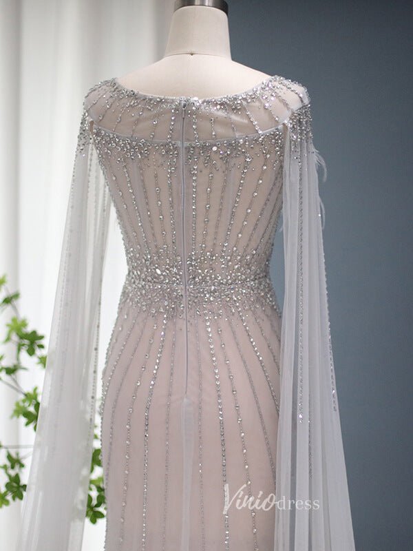 Beaded Silver Sheath Evening Dress Cape Sleeve Feather Prom Dresses 20091-Evening Dresses 2025 -Viniodress-Silver-US 2-