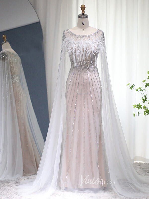 Beaded Silver Sheath Evening Dress Cape Sleeve Feather Prom Dresses 20 Viniodress Beaded Silver Sheath Evening Dress Cape Sleeve Feather Prom Dresses 20 Viniodress