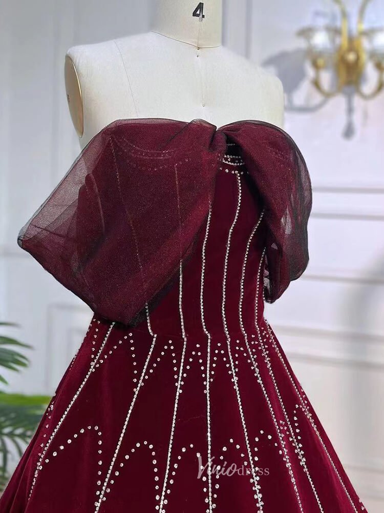 Beaded Strapless Burgundy Velvet Prom Dresses Detachable Sleeve Evening Gown 20043-Evening Dresses 2025 -Viniodress-Burgundy-US 2-