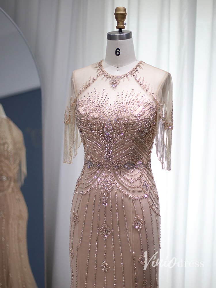 Beaded String Mermaid Evening Dresses Cap Sleeve Mother of the Bride Dress AD1167-Evening Dresses 2025 -Viniodress-Blush Pink-US 2-