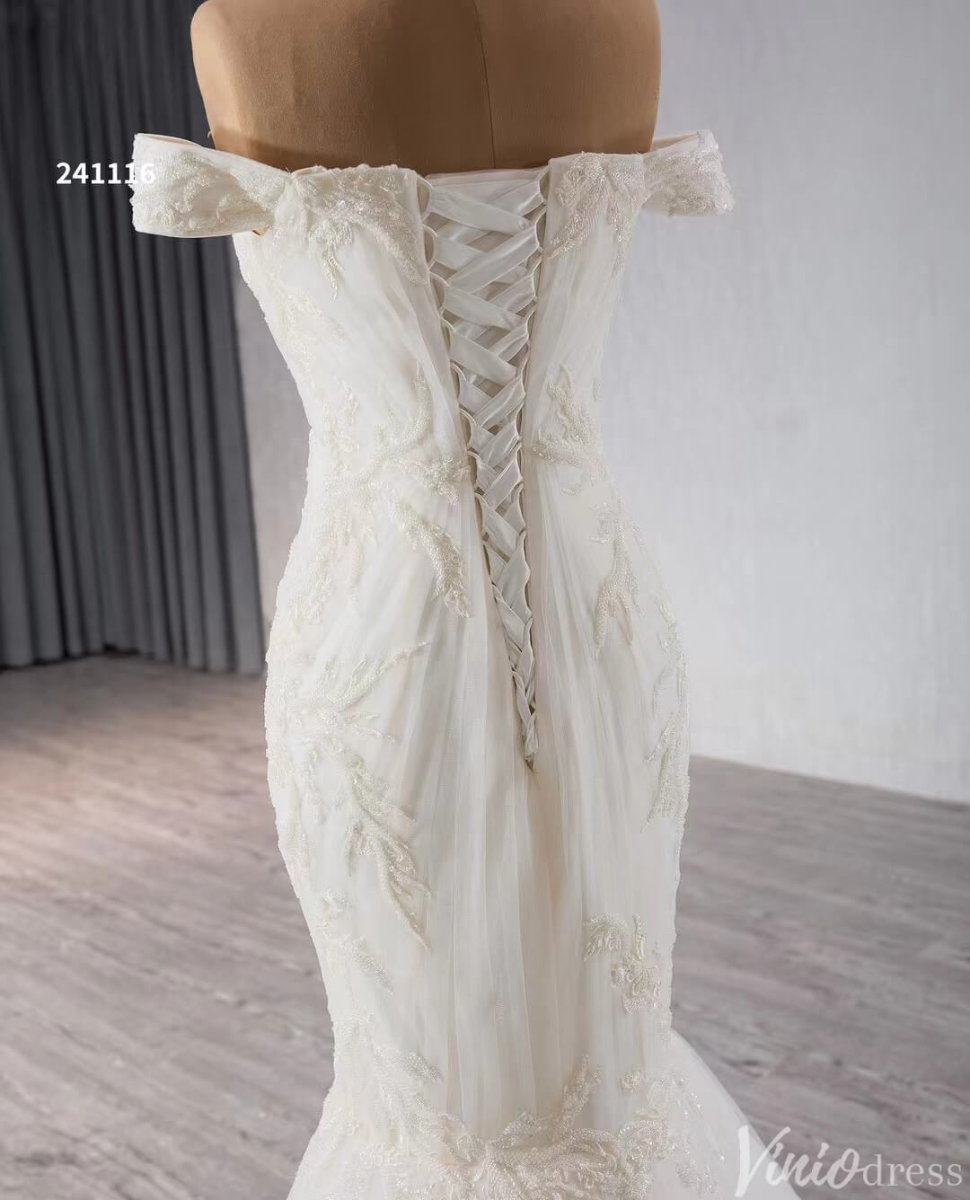 Beaded Tulle Mermaid Wedding Dresses Off the Shoulder Corset Back 241116-wedding dresses 2025 -Viniodress-Ivory-Custom Size-