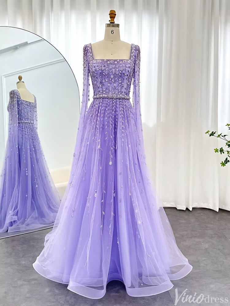 Beaded Wedding Guest Dress Extra Long Sleeve Square Neck Evening Gown FD1426-Evening Dresses 2025 -Viniodress-Lavender-US 2-