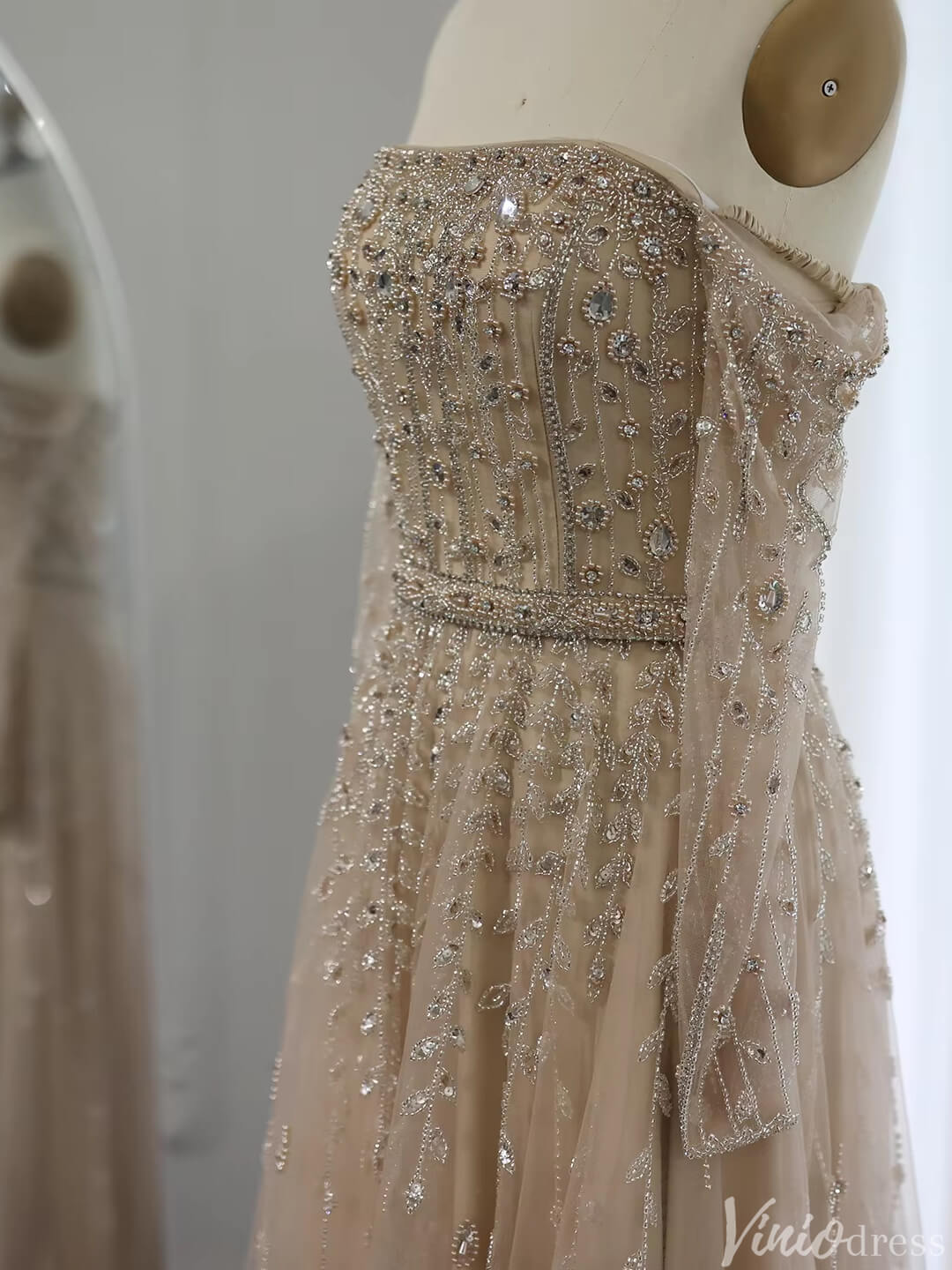 Beaded Wedding Guest Dresses Off the Shoulder Long Sleeve Prom Dress FD1432-Evening Dresses 2025 -Viniodress-Champagne-US 2-