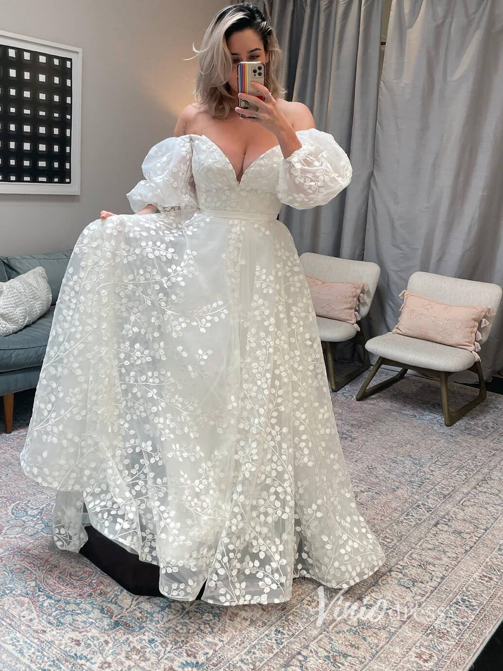 Bell Orchid Lace Wedding Dresses Off the Shoulder Long Sleeve Bridal Gown VW2132-wedding dresses 2025 -Viniodress-Ivory-Custom Size-