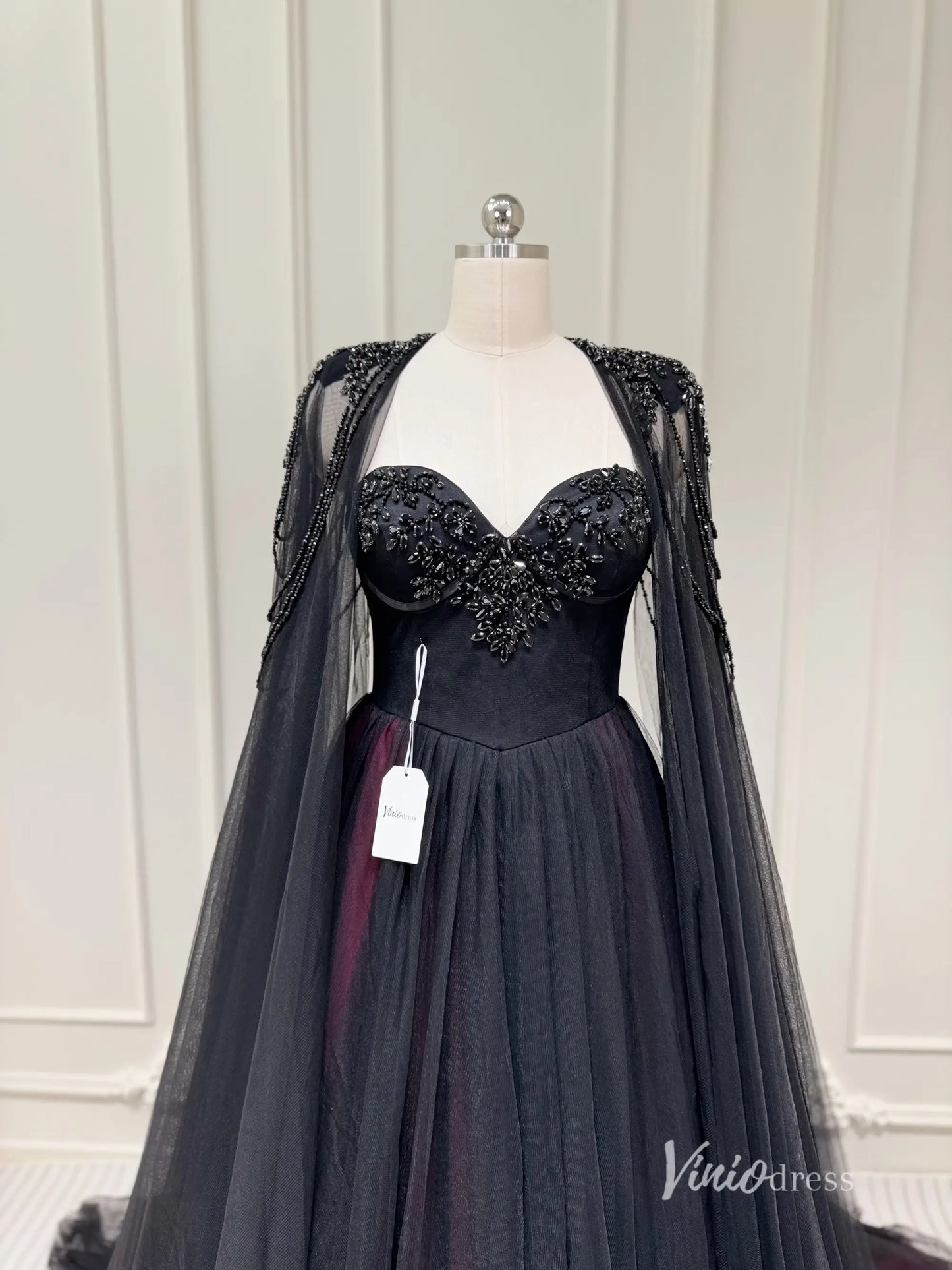 Black and Burgundy Tulle Wedding Dress with Beaded Sweetheart Bodice, Detachable Cape & Cathedral Train – BK115-wedding dresses 2025 -Viniodress-Burgundy-Custom Size-