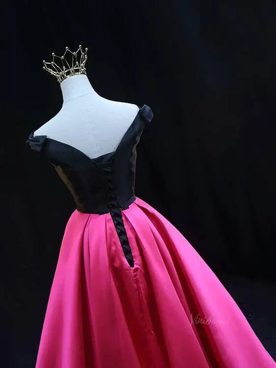 Black and Pink Satin Prom Dresses Off the Shoulder Formal Gown SU083-prom dresses 2025 -Viniodress-Pink-Custom Size-