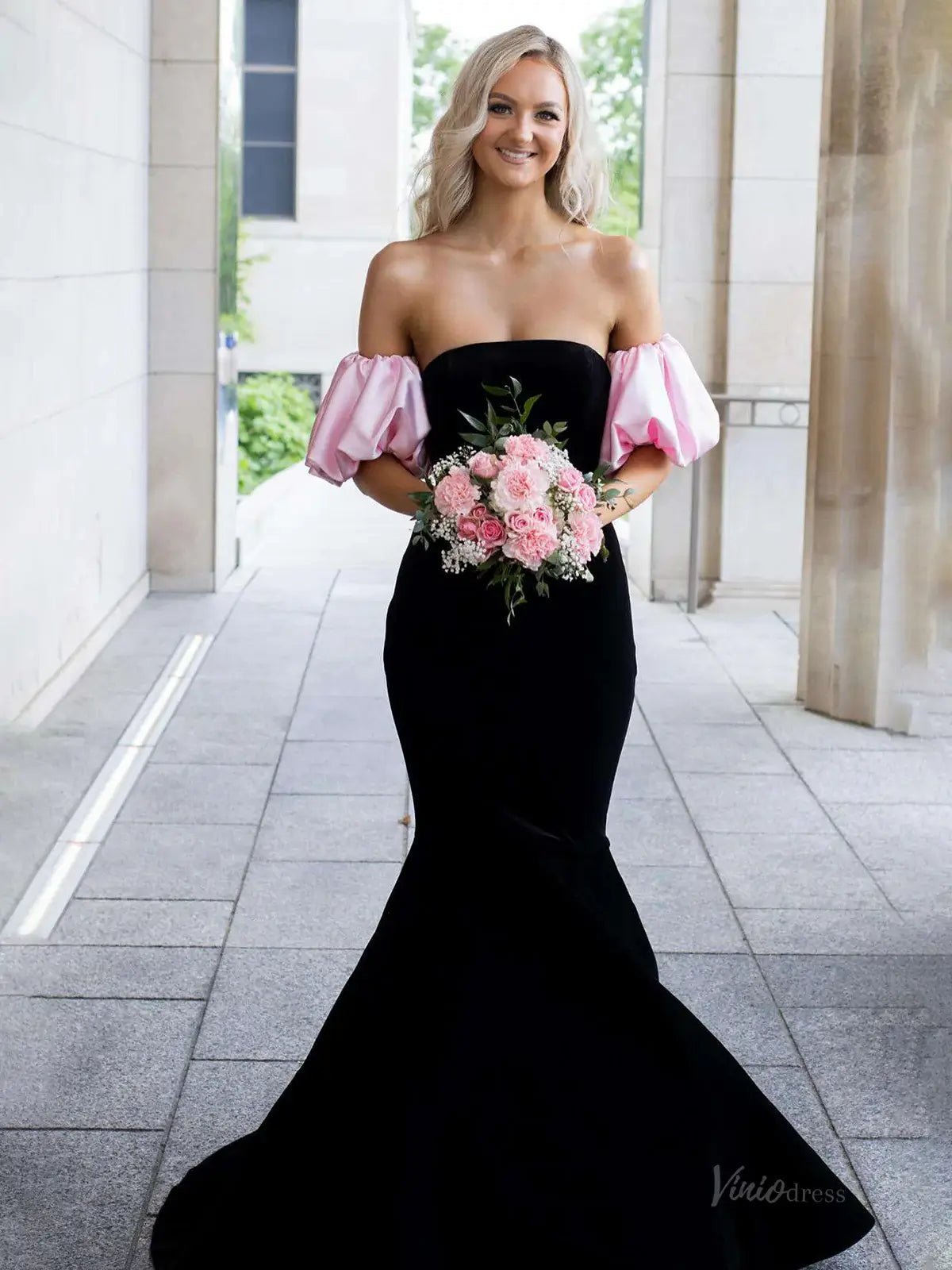 Black and Pink Velvet Mermaid Prom Dresses 2025 with Puffed Sleeve F Viniodress Black and Pink Velvet Mermaid Prom Dresses 2025 with Puffed Sleeve F Viniodress