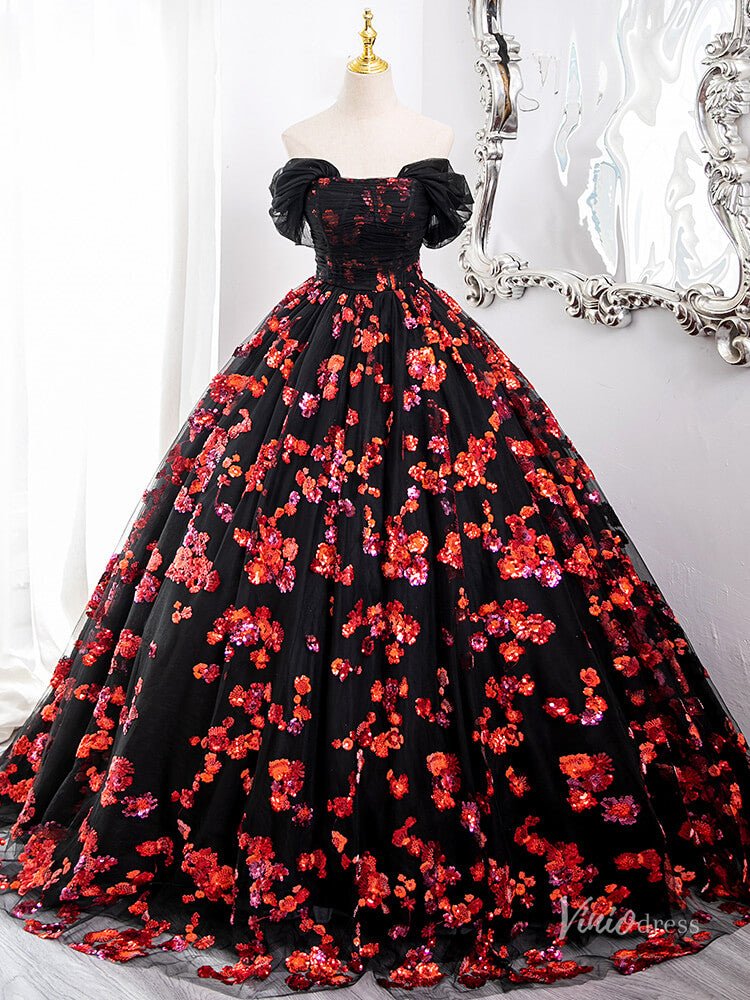 open lace back dress Black and Red Sparkly Floral Lace Prom Ball Gown Off the Shoulder Quin –  Viniodress