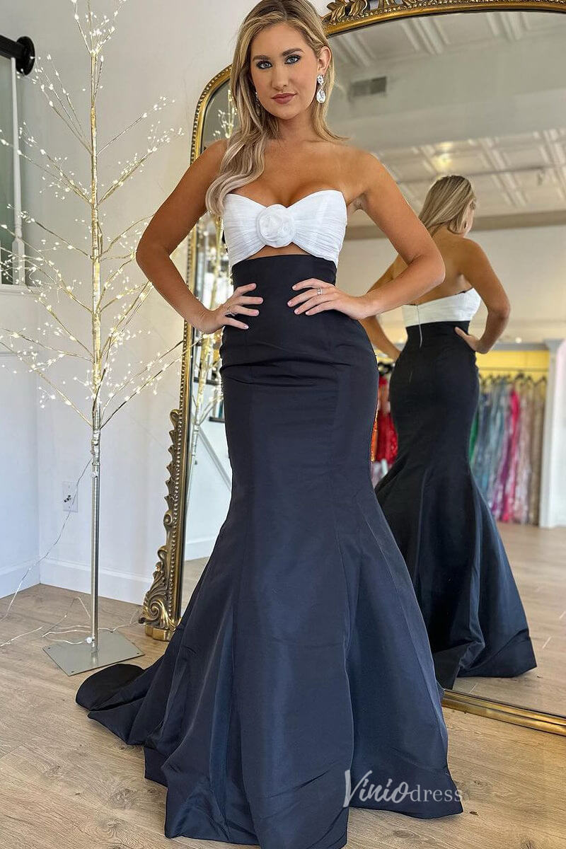 Black and White Mermaid Satin Prom Dresses Rose Pleated Bodice FD4047 Viniodress Black and White Mermaid Satin Prom Dresses Rose Pleated Bodice FD4047 Viniodress