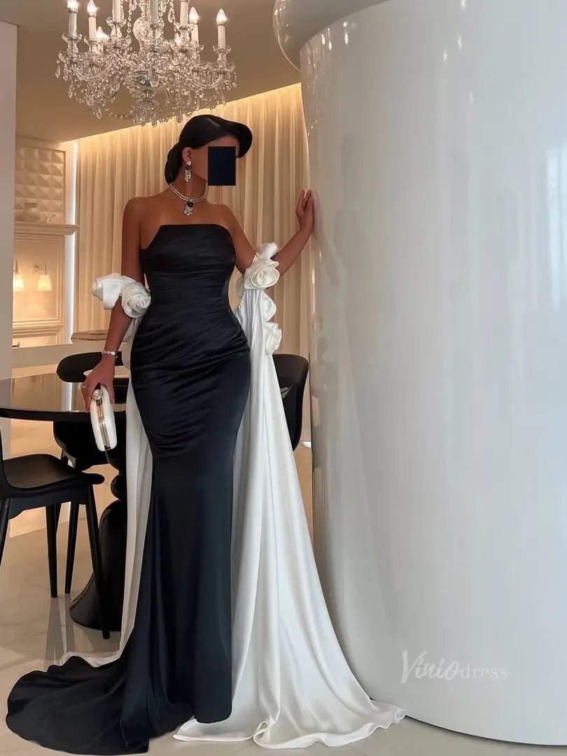 Black and White Satin Mermaid Prom Dresses with Dripped Back Cape & 3D Viniodress Black and White Satin Mermaid Prom Dresses with Dripped Back Cape & 3D Viniodress