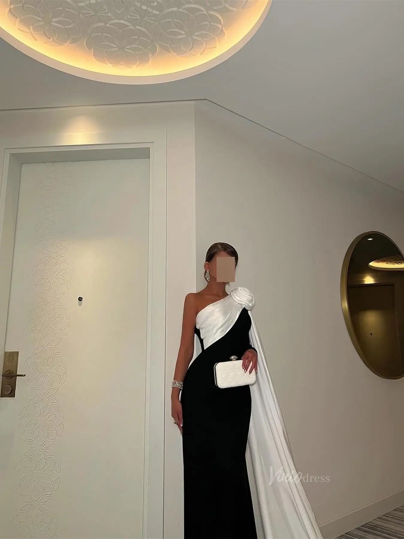 Black and White Sheath Prom Dresses with Watteau Train & 3D Flower - FD5263-prom dresses 2025 -Viniodress-Black-Custom Size-