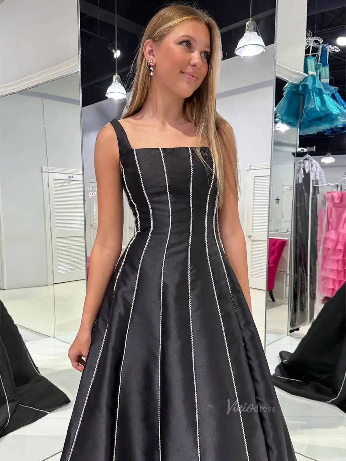 Black Beaded Satin Prom Dresses with Square Neck - FD5288-prom dresses 2025 -Viniodress-Black-Custom Size-