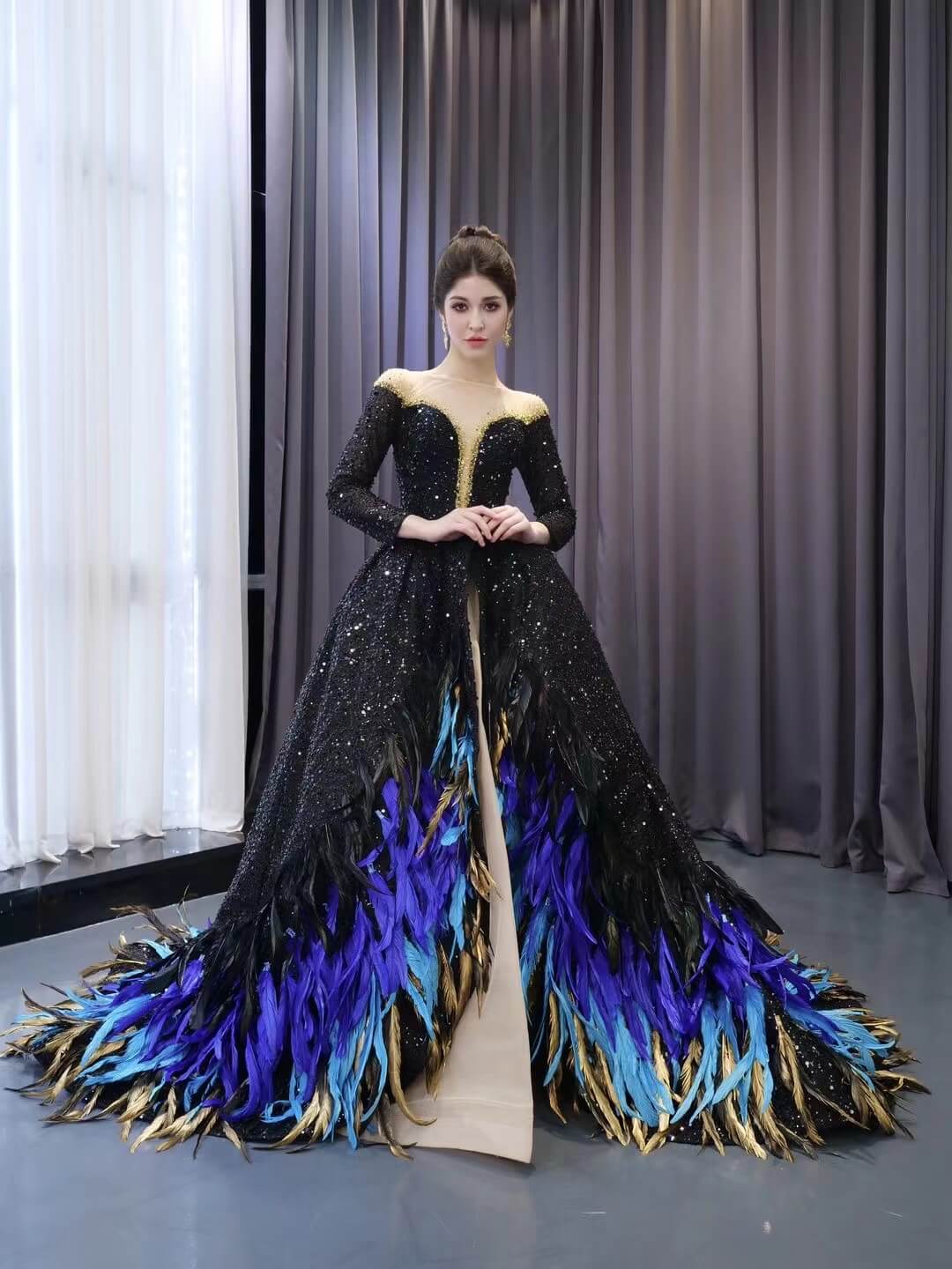 Black Beaded Sequin Wedding Gown Feather Long Sleeve Quinceanera Dress –  Viniodress