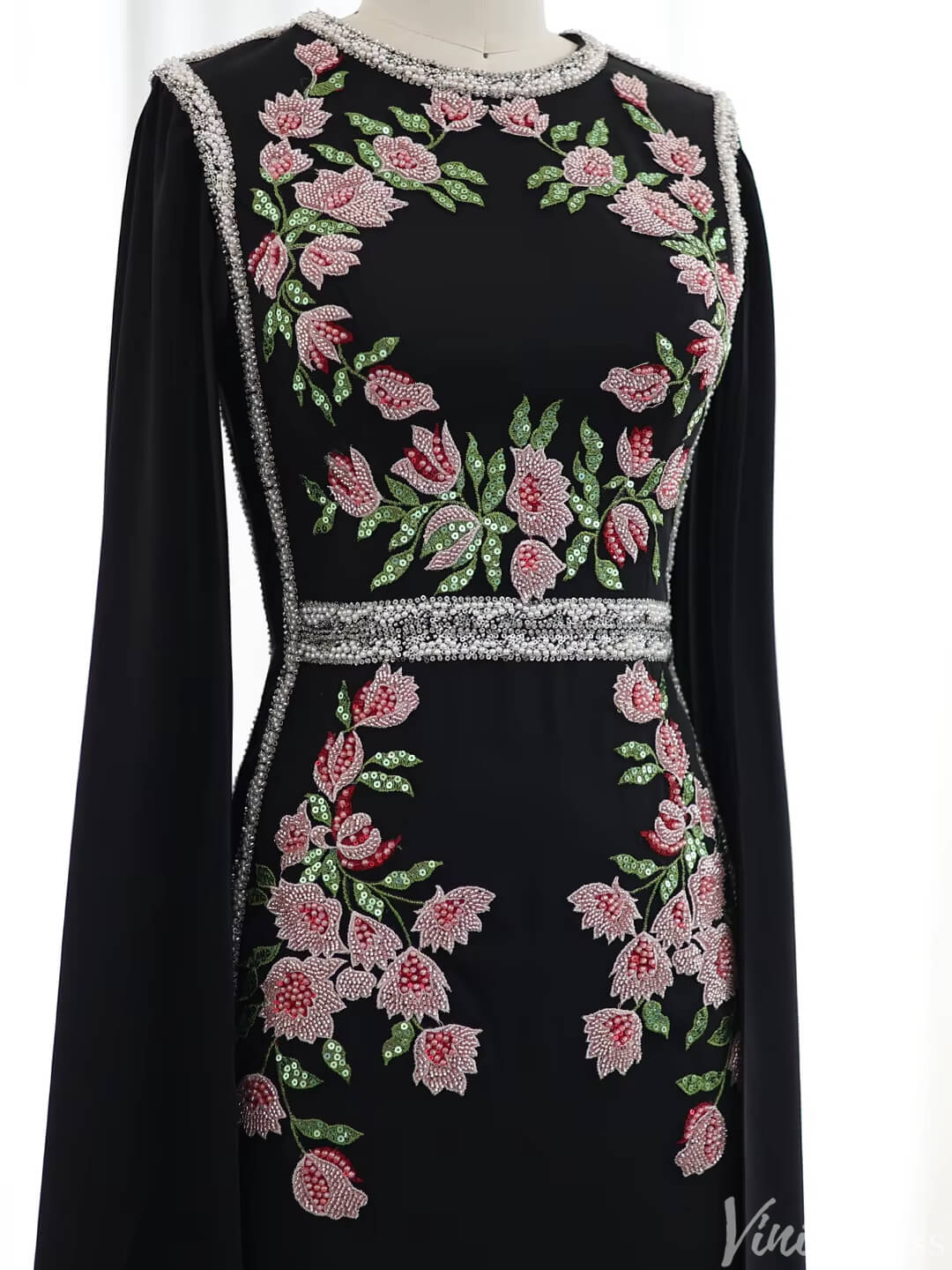 Black Caped Evening Gown Beaded Floral Wedding Guest Dresses FD1429-Evening Dresses 2025 -Viniodress-Black-US 2-