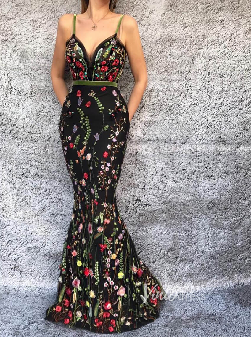 Black Floral Mermaid Prom Dress V-neck Spaghetti Strap Formal Dress FD2783-prom dresses 2025 -Viniodress-Black-Custom Size-