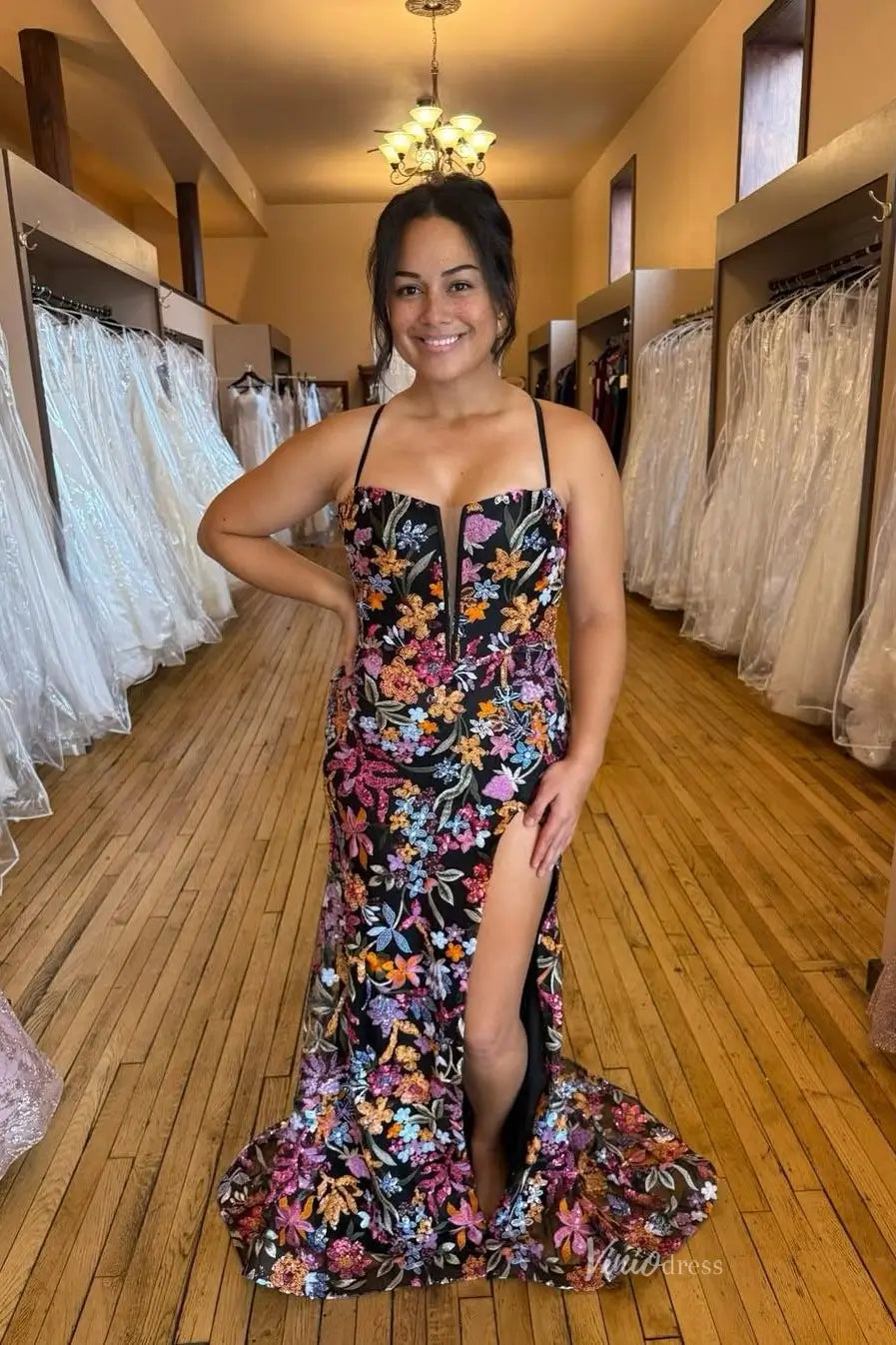 Black Floral Sequin Mermaid Lace Prom Dresses with Slit Corset Bodice –  Viniodress