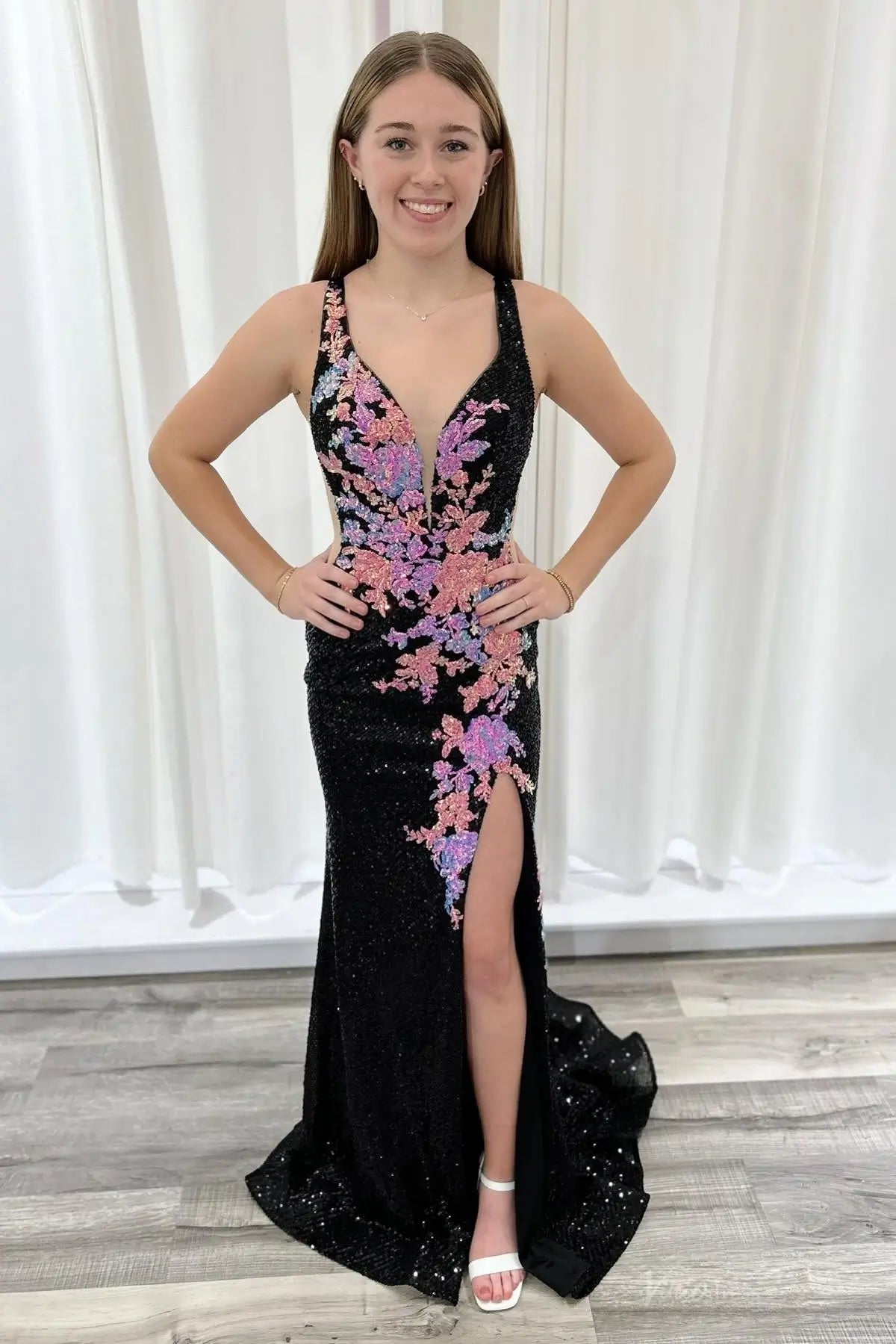 Black Floral Sequin Mermaid Prom Dress with Deep V & High Slit LP029 Viniodress Black Floral Sequin Mermaid Prom Dress with Deep V & High Slit LP029 Viniodress