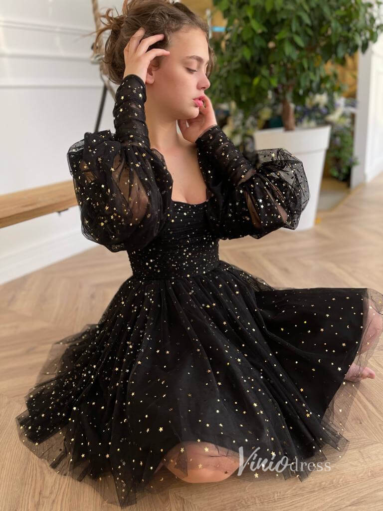 Black Glitter Star Homecoming Dresses with Long Sleeve FD1639B-Homecoming Dresses 2025 -Viniodress-Black-Custom Size-