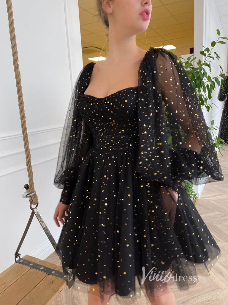 Black Glitter Star Homecoming Dresses with Long Sleeve FD1639B Viniodress Black Glitter Star Homecoming Dresses with Long Sleeve FD1639B Viniodress
