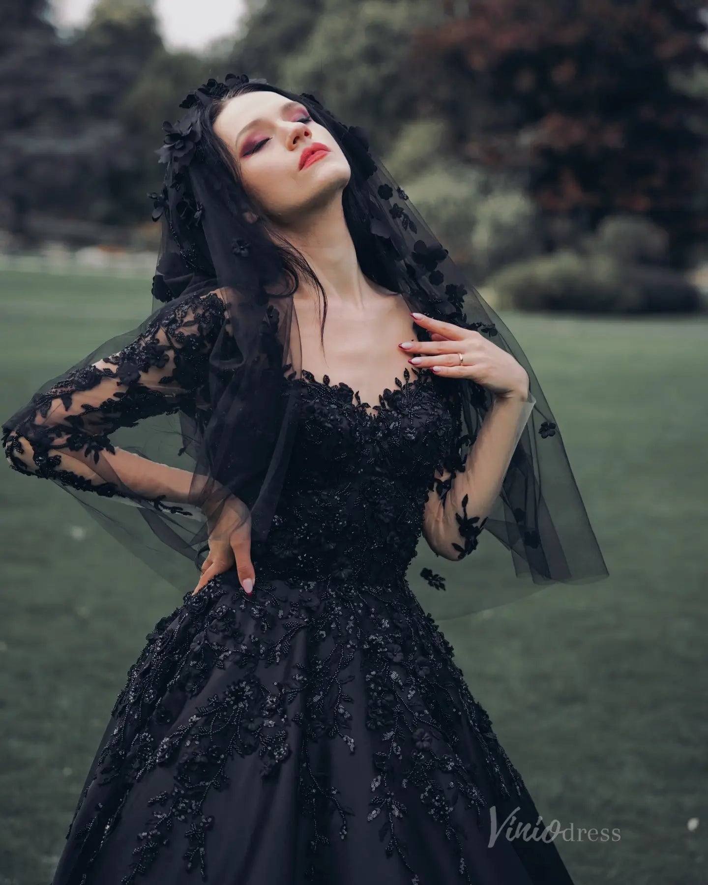 Black Gothic Wedding Dress | Long Sleeve Satin Gown with Beaded Lace A Viniodress Black Gothic Wedding Dress | Long Sleeve Satin Gown with Beaded Lace A Viniodress