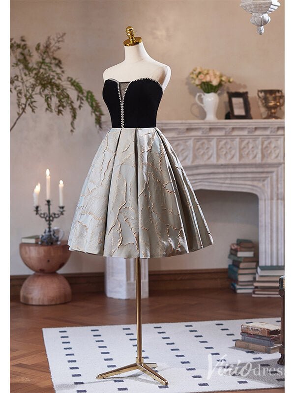 Black Jacquard Satin Hoco 2024 Strapless Back to School Dress 8002-prom dresses 2025 -Viniodress-Black-Custom Size-