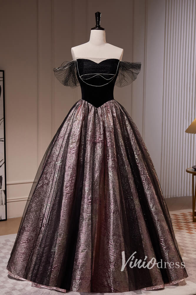 Black Jacquard Satin Prom Dresses Off the Shoulder Formal Dress AD1049 –  Viniodress