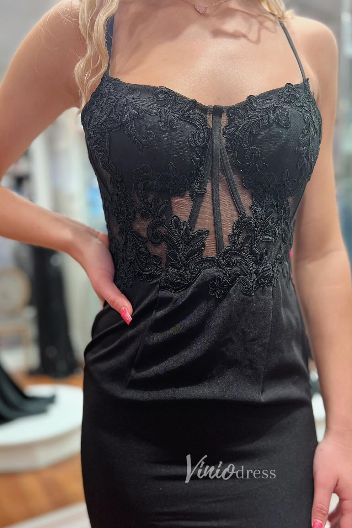 Black Lace Applique Mermaid Prom Dress with Spaghetti Strap and Corset Back FD3475-prom dresses 2025 -Viniodress-Black-Custom Size-