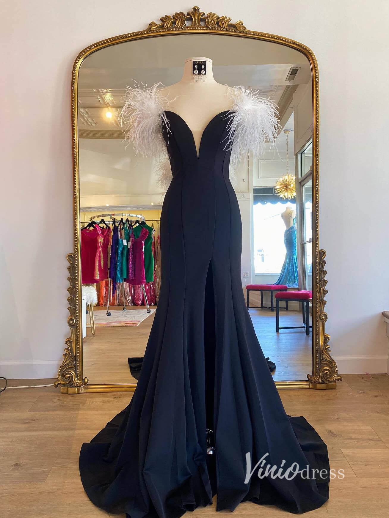 Black Mermaid Prom Dresses With Slit Feather Evening Dress FD3028 Viniodress Black Mermaid Prom Dresses With Slit Feather Evening Dress FD3028 Viniodress