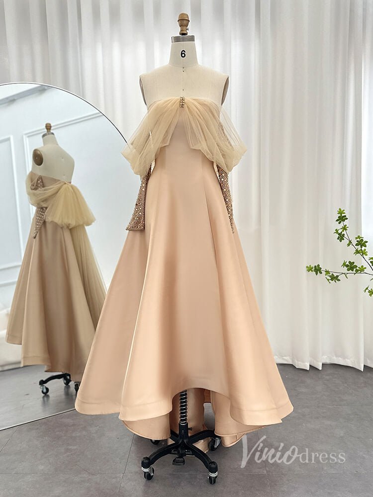 Black Off the Shoulder High Low Prom Dresses Beaded Long Sleeve Formal Dress AD1189-Evening Dresses 2025 -Viniodress-Champagne-US 2-