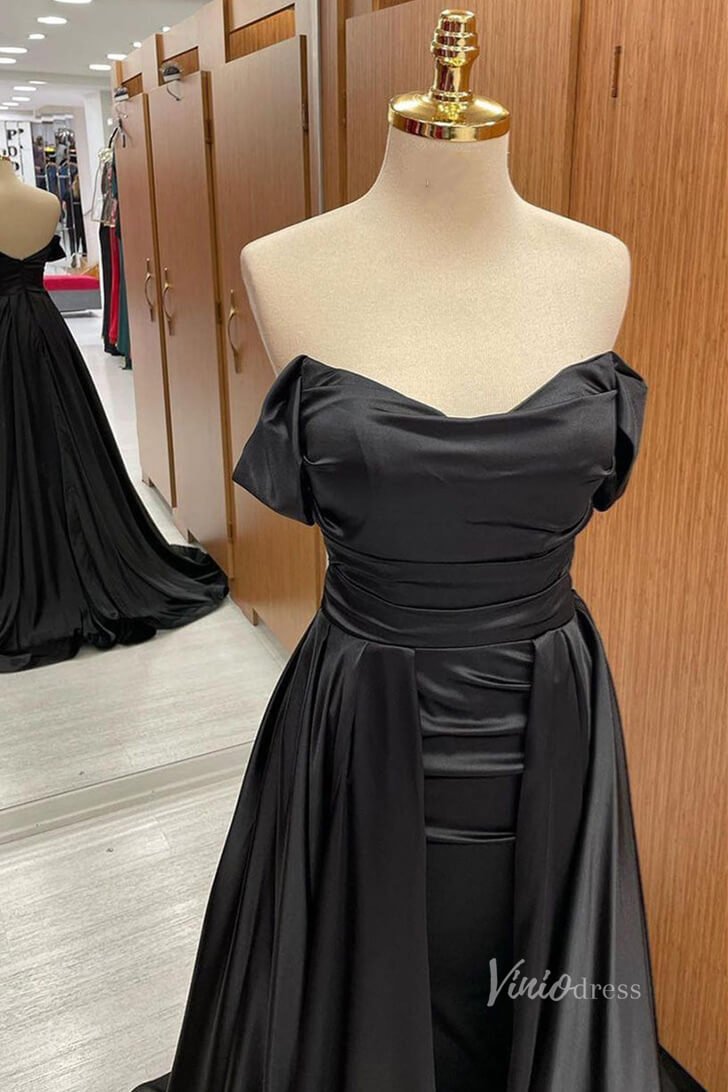 Black Off the Shoulder Satin Prom Dresses Overskirt Cowl Neck FD3982-prom dresses 2025 -Viniodress-Black-Custom Size-