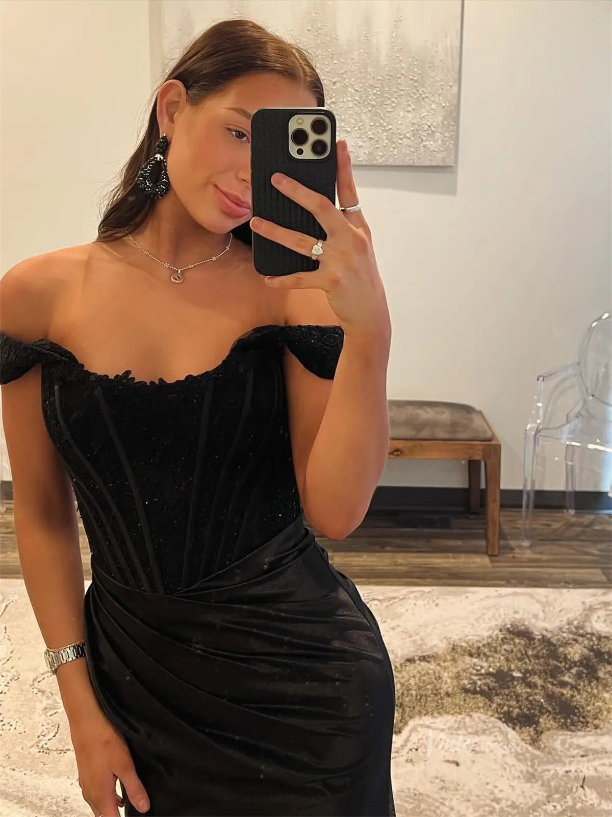 Black Off the Shoulder Satin Prom Dresses with Slit & Boned Boidce - FD6008-prom dresses 2025 -Viniodress-Black-Custom Size-