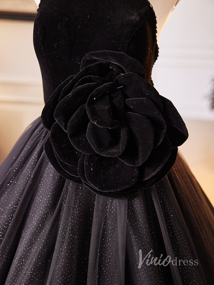 Black Rosette Sparkly Tulle Prom Dresses Halter Neck Velvet Bodice 90029-prom dresses 2025 -Viniodress-Black-Custom Size-