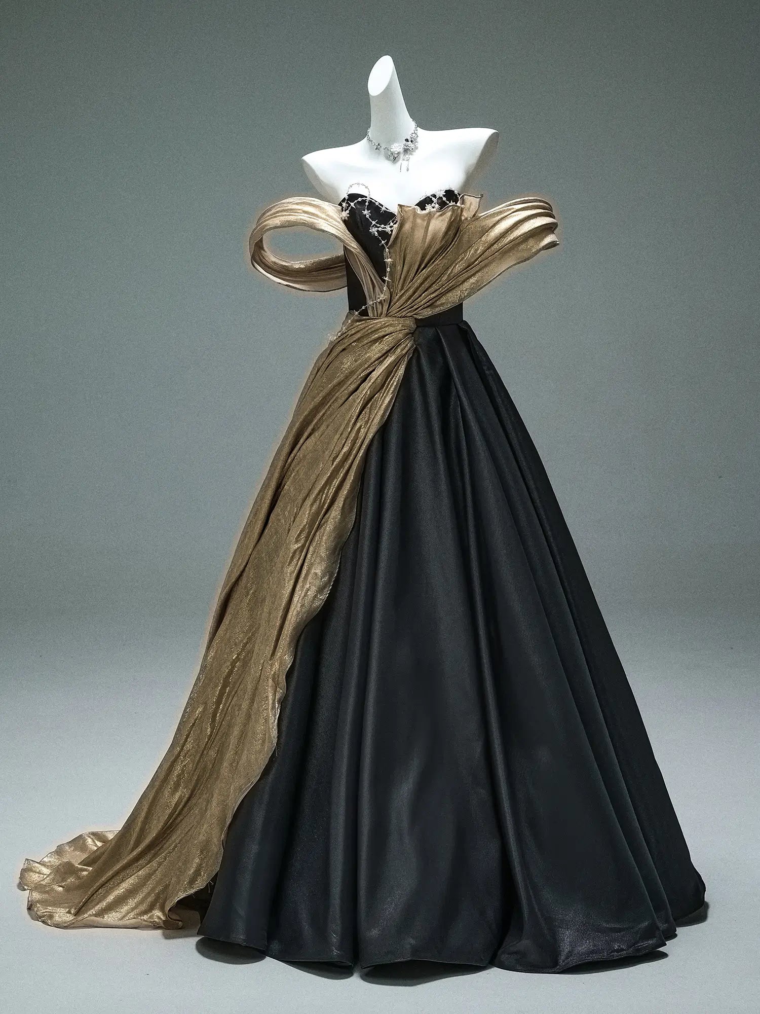 Black Satin A-Line Formal Gown with Gold Overskirt, Pearl String & Swe –  Viniodress