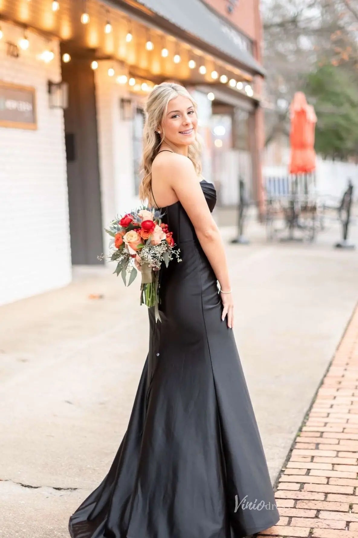 Black Satin Mermaid Prom Dress with Spaghetti Straps, Draped Bodice & Slit-prom dresses 2026-Viniodress-Black-Custom Size-