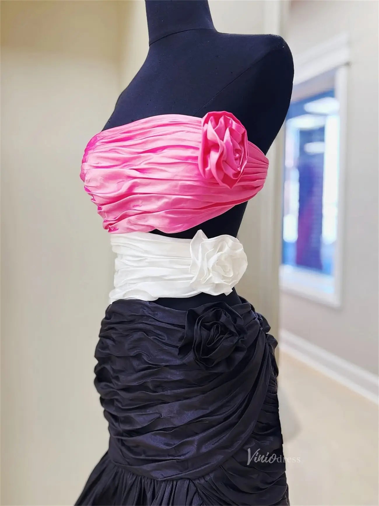 Black Satin Mermaid Prom Dresses with 3D Flower & Ruched Bodice - FD6044-prom dresses 2025 -Viniodress-Black-Custom Size-