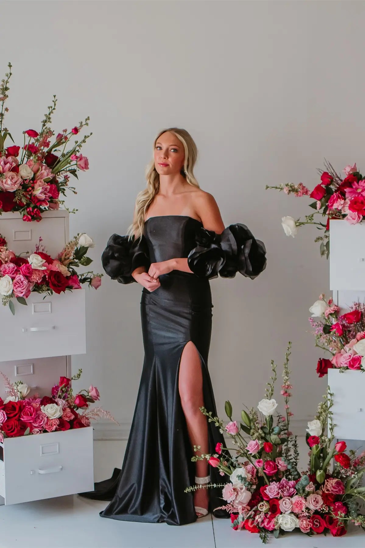 Black Off-Shoulder Satin Prom Dress with 3D Floral Sleeves and High Slit –  SS077 – Viniodress