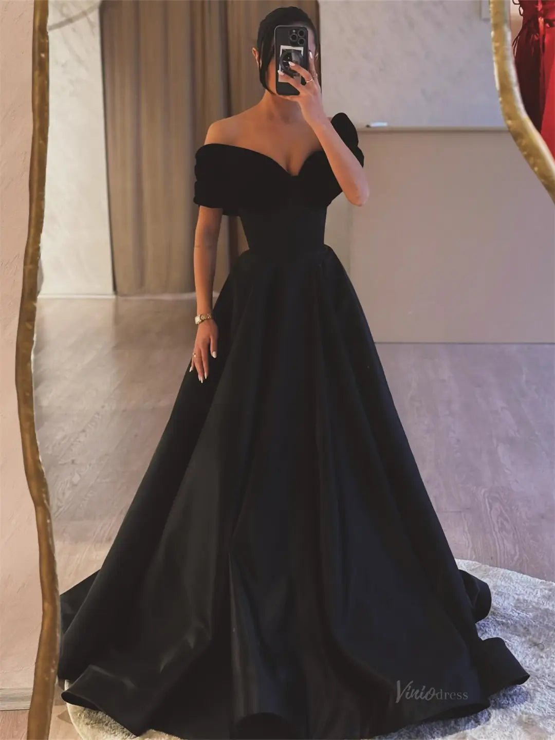 Black Satin Prom Dresses 2025 Off the Shoulder Formal Gown FD5231   Viniodress