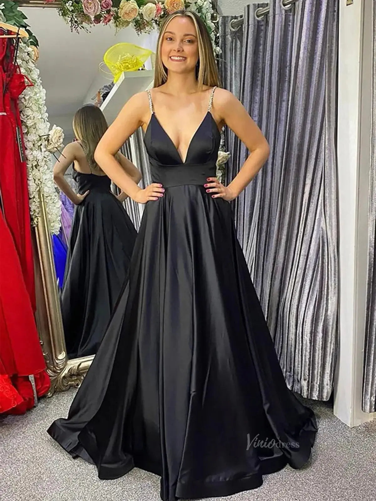 slim fit dress slacks Black Satin Prom Dresses with Beaded Spaghetti Strap & V-Neck