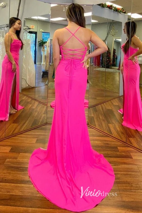 Black Satin Prom Dresses with Slit Mermaid Spaghetti Strap Formal Gown FD3289-prom dresses 2025 -Viniodress-Black-Custom Size-