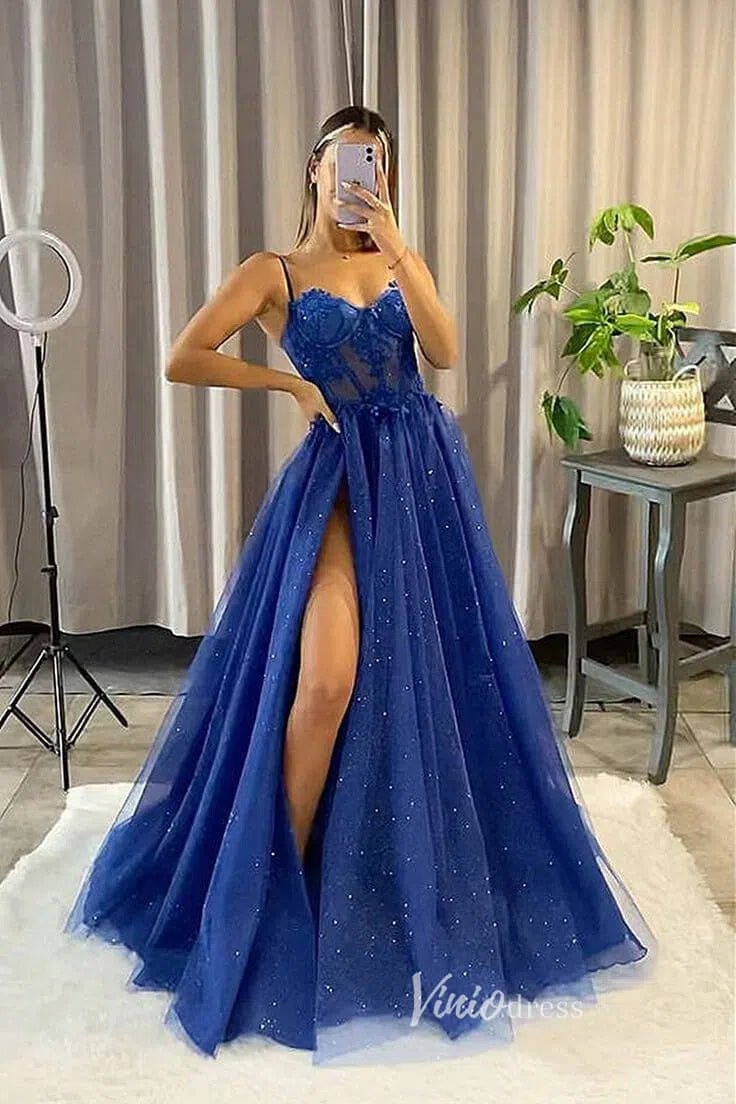 Black Spaghetti Strap Prom Dresses With Slit Sparkly Tulle Evening Dress FD3105-prom dresses 2025 -Viniodress-Blue-Custom Size-